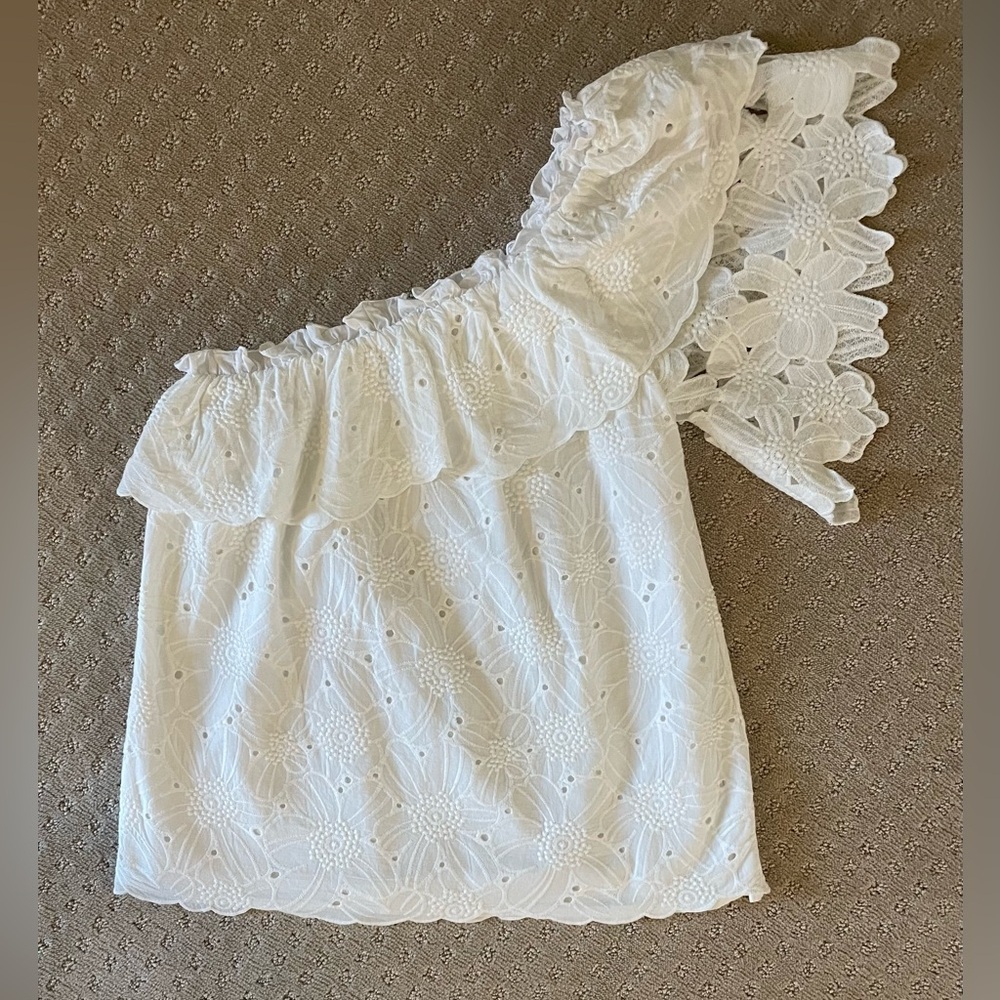 KAS New York Dulia White Floral Eyelet Lace One Shoulder Blouse, Sz S/M - Picture 3 of 14